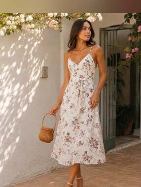 NWT Reformation Dietrich Midi Slip Dress Flourish Pink White Floral V-Neck Sz 8